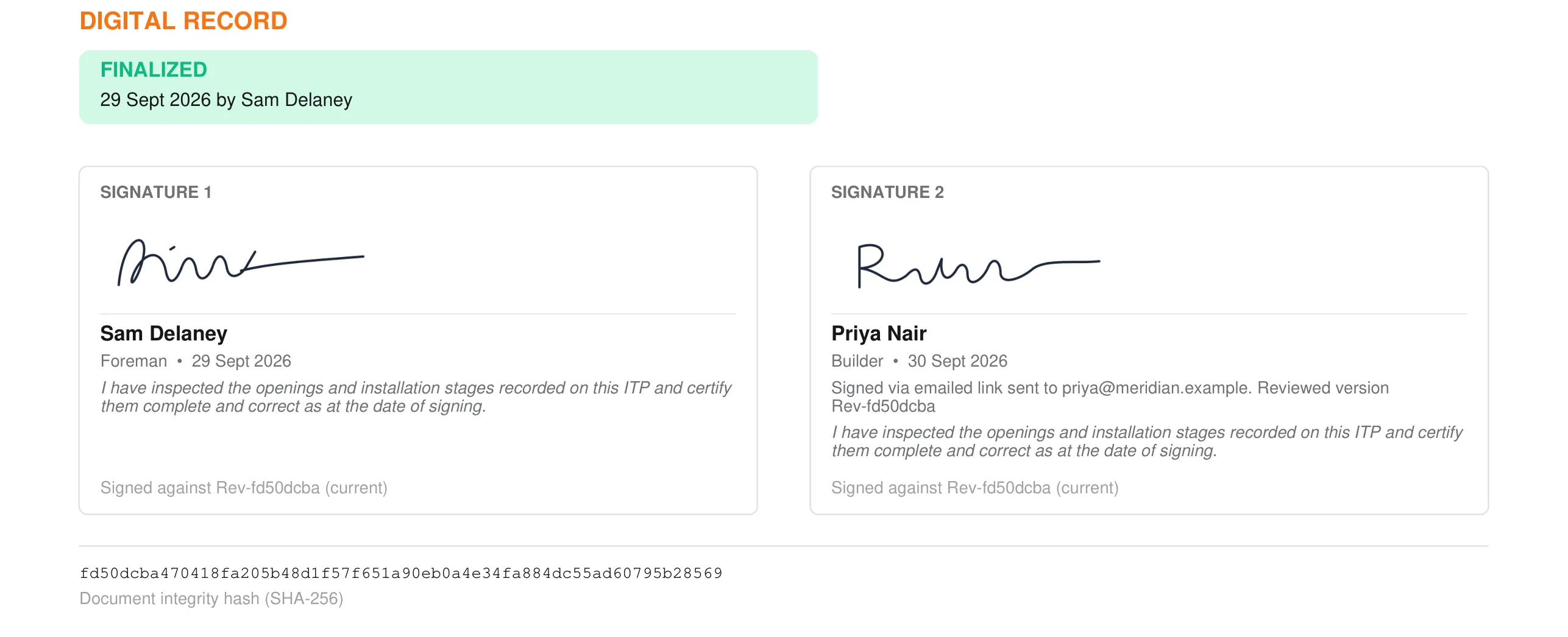 Sign-off page of the same ITP: foreman and builder signature blocks, both signed against the same revision, with the document integrity hash below.